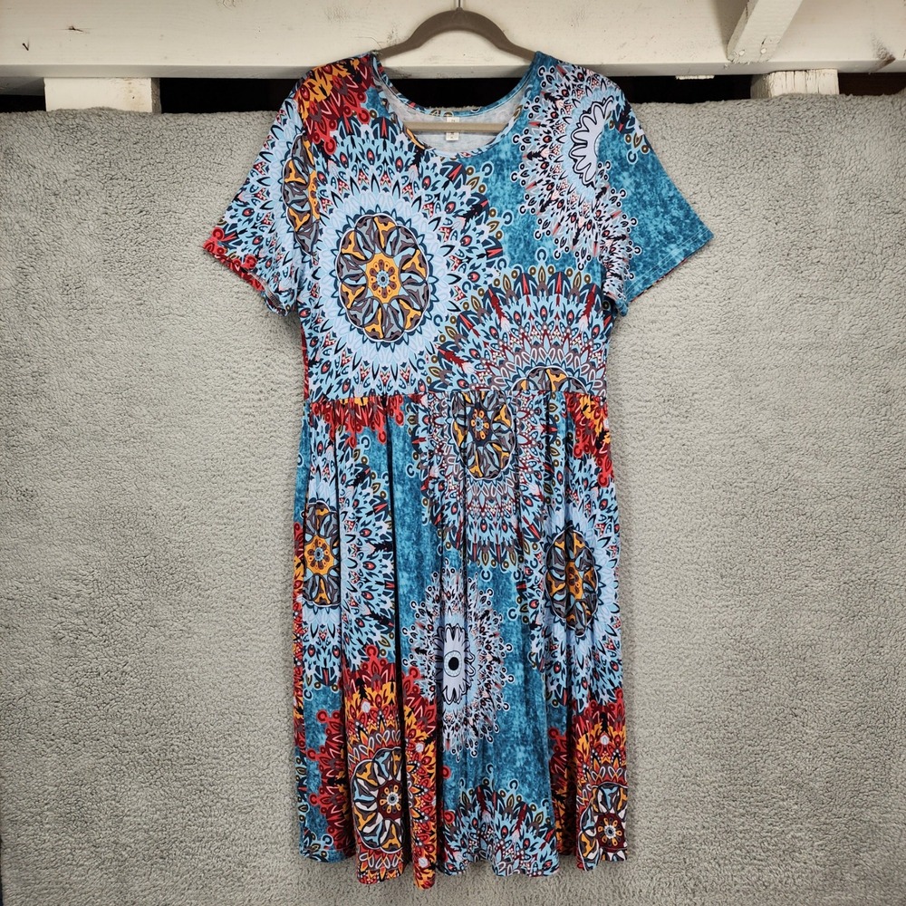 DB Moon Womens XL Blue Mandala Print Short Sleeve Empire Waist Midi Dress